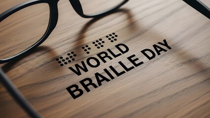 World braille day celebration with glasses on wooden background
