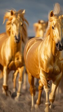 Golden wild horses running fast across dusty desert plains during sunny day