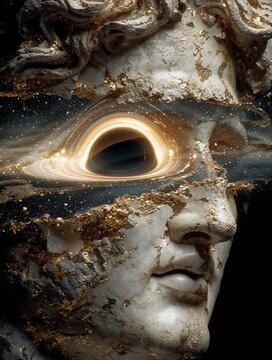 Classical marble statue head fracturing with galaxy black hole swirling inside mind