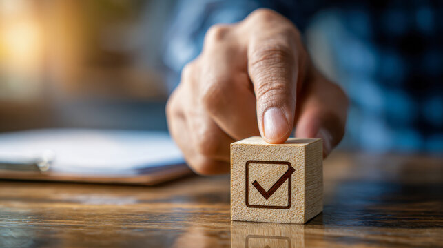 Person placing a wooden block with a checkmark symbol on a rustic table as a concept of approval, completion, or task accomplishment in a cozy workspace setting