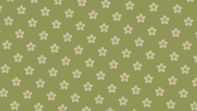 Seamless Pattern  Animation of Cream Daisy Flowers on Olive Green Background