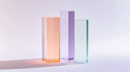 Minimalist display featuring three differently colored translucent rectangular prisms, casting soft shadows against a gentle, gradient background, highlighting form and color.