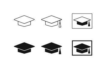 Set of graduation cap icons in outline and solid black styles