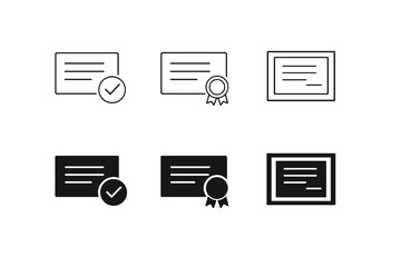 Set of certificate icons with checkmark and ribbon, representing achievement and approval