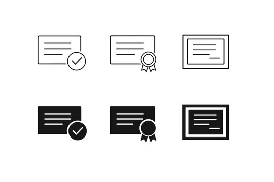 Set of certificate icons with checkmark and ribbon, representing achievement and approval