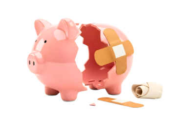 Broken pink piggy bank with bandaid and coin on transparent background