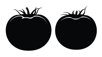 Simple black and white illustration of two ripe tomatoes with stems