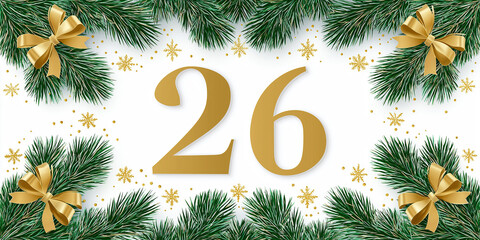 Golden 26 numerals framed by green pine branches and yellow ribbons