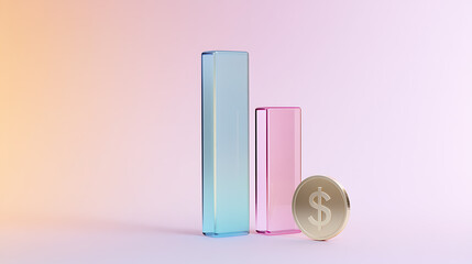 Minimalist image depicting financial trends. Two transparent bars, blue and pink, stand next to a golden coin, against a gradient background. Perfect for business, investment contexts.