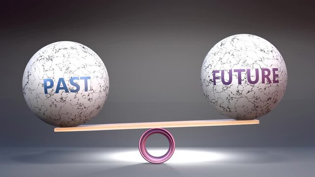 Past and future in balance - balancing stones on a scale symbolizing harmony, equity and equilibrium between past and future. Harmonious and beneficial situation.