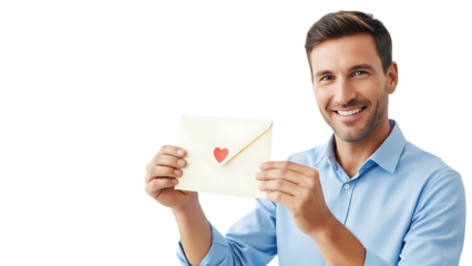 A smiling man holding a white envelope with a red heart on a transparent background
