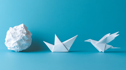 From chaos to creation: a paper ball transforms into origami art. Witness the creative journey of imagination as a crumpled idea takes flight and becomes a beautiful bird!