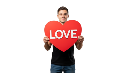 A young man holding a large red heart with the word love on transparent background