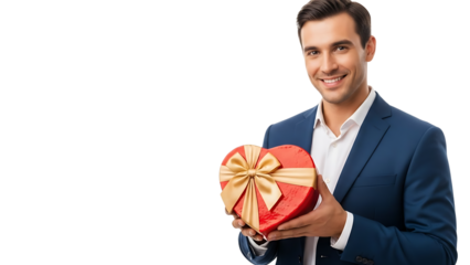 A smiling man in a blue suit holding a red heart-shaped gift box on transparent background