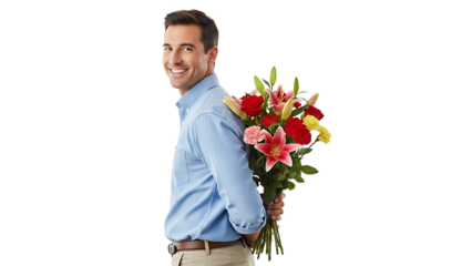 A smiling man holding a bouquet of flowers on transparent background