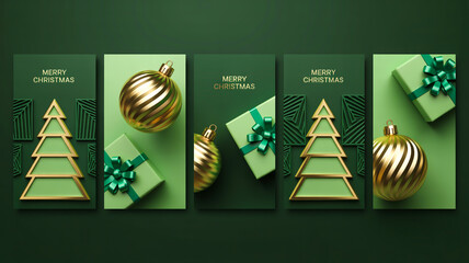 A set of five modern minimalist Christmas card designs arranged horizontally. Each card has a deep forest green background with geometric patterns and decorative elements.