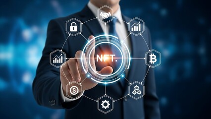 Businessman interacting with NFT on dark background