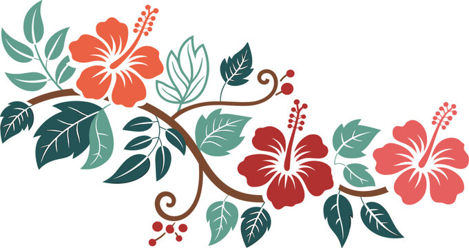 Tropical hibiscus floral branch vector illustration, exotic red flowers and teal leaves with decorative vine and berries