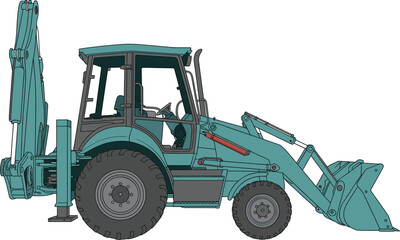 Backhoe loader vector illustration, industrial construction vehicle with front loader bucket and rear excavator arm in teal and grey © MdMajnur