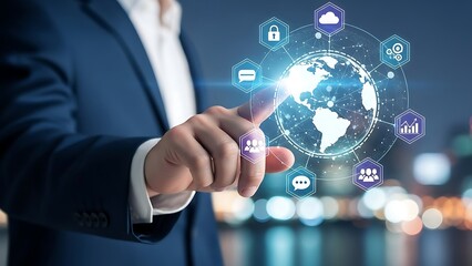 Businessman touching globe with network hand network blue