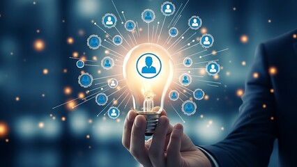 Businessman holding lightbulb with social network hand