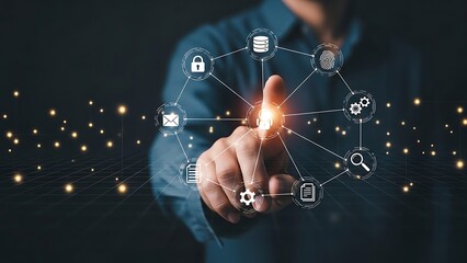 Man interacting with digital network finger technology