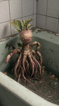 Creepy root vegetable monster character sitting in dirty bathtub filled with murky water