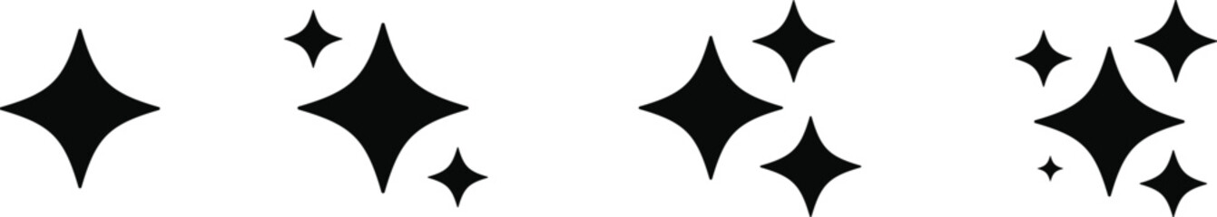 Set of glowing sparkle star vector elements with smooth edges and balanced proportions, excellent for UI design, highlight indicators, magical visuals, and decorative graphic compositions.