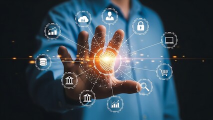 Hand with glowing fingerprint and security connected to various symbols