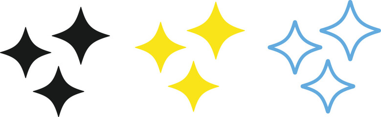 Minimal shining star and sparkle icon collection featuring bold silhouettes and clean vector design, ideal for app interfaces, branding assets, creative highlights, and visual emphasis elements.