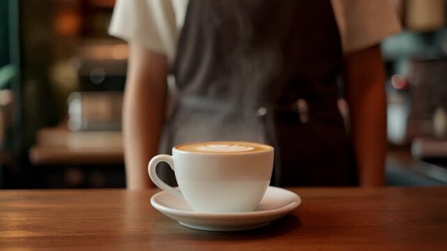 High-quality 3D render of a hand setting down a frothy coffee drink on a rustic wooden surface with atmospheric steam.