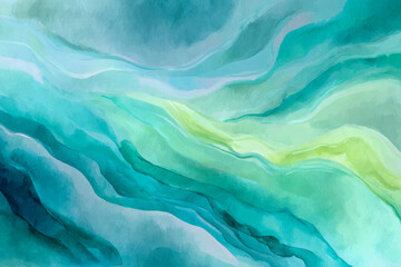 Abstract fluid art with flowing turquoise and aqua waves blending seamlessly with soft green accents for a calming and vibrant visual effect