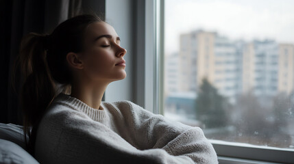 Fototapeta premium A young woman in a sweater finds serenity near a window, eyes closed, ponytail resting. An expression of calm against a cityscape. Indoor stillness and reflection.