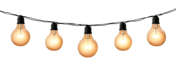 A string of glowing incandescent bulbs against a dark isolated backdrop
