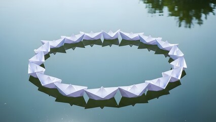 Circle of white paper boats floating on calm water with reflections, symbolizing unity, teamwork, journey, leadership, and peaceful collaboration