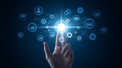 Hand touching glowing gear representing technology and innovation