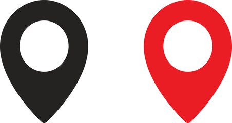 Black and red location pin icon set with clean flat vector style, ideal for maps, navigation systems, travel applications, address markers, GPS interfaces, and modern web or mobile UI design projects 