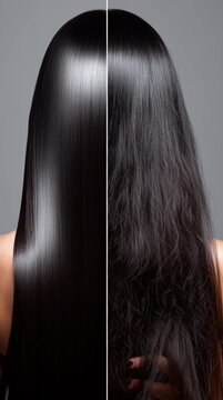 Comparison of smooth shiny healthy black hair versus dry damaged frizzy split ends texture