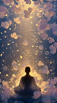 Peaceful figure sitting in lotus meditation pose amidst glowing golden petals and bright light