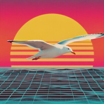 Retro digital style seagull flying over synthwave grid ocean against glowing neon sun