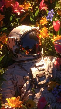Astronaut wearing white space suit lying peacefully in field of colorful spring flowers