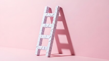 Origami paper ladder leaning against a vibrant pink wall with a strong shadow, symbolizing minimalist progress, growth, and challenge towards success