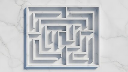 Minimalist white maze on a marble background, representing complex problem-solving, strategy, and challenges in business or life