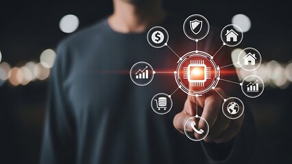 Person interacting with digital interface at night