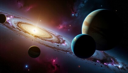 A stunning image of a galaxy and planets in outer space, showcasing the vastness of the universe