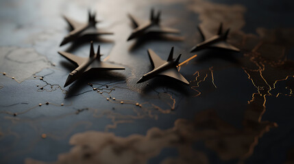 Strategic Flight: Precision-placed jet models poised over a detailed map, symbolizing global operations and strategic military planning with a sharp, focused perspective.