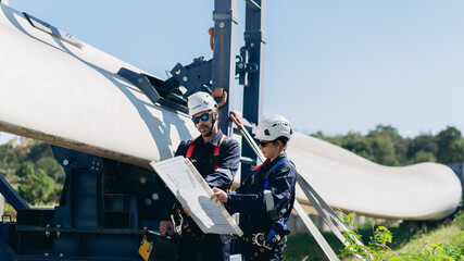 Professional wind turbine engineers preparing and inspecting equipment for installation and...