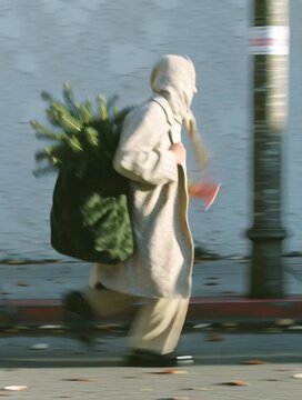 Person in beige coat running fast carrying large green christmas sack on city street with motion blur