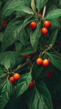 Fresh small red berries growing on green leafy plant branches in dark moody garden nature