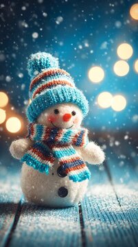 Cute festive snowman figurine standing on blue wood with falling snow and bokeh lights background
